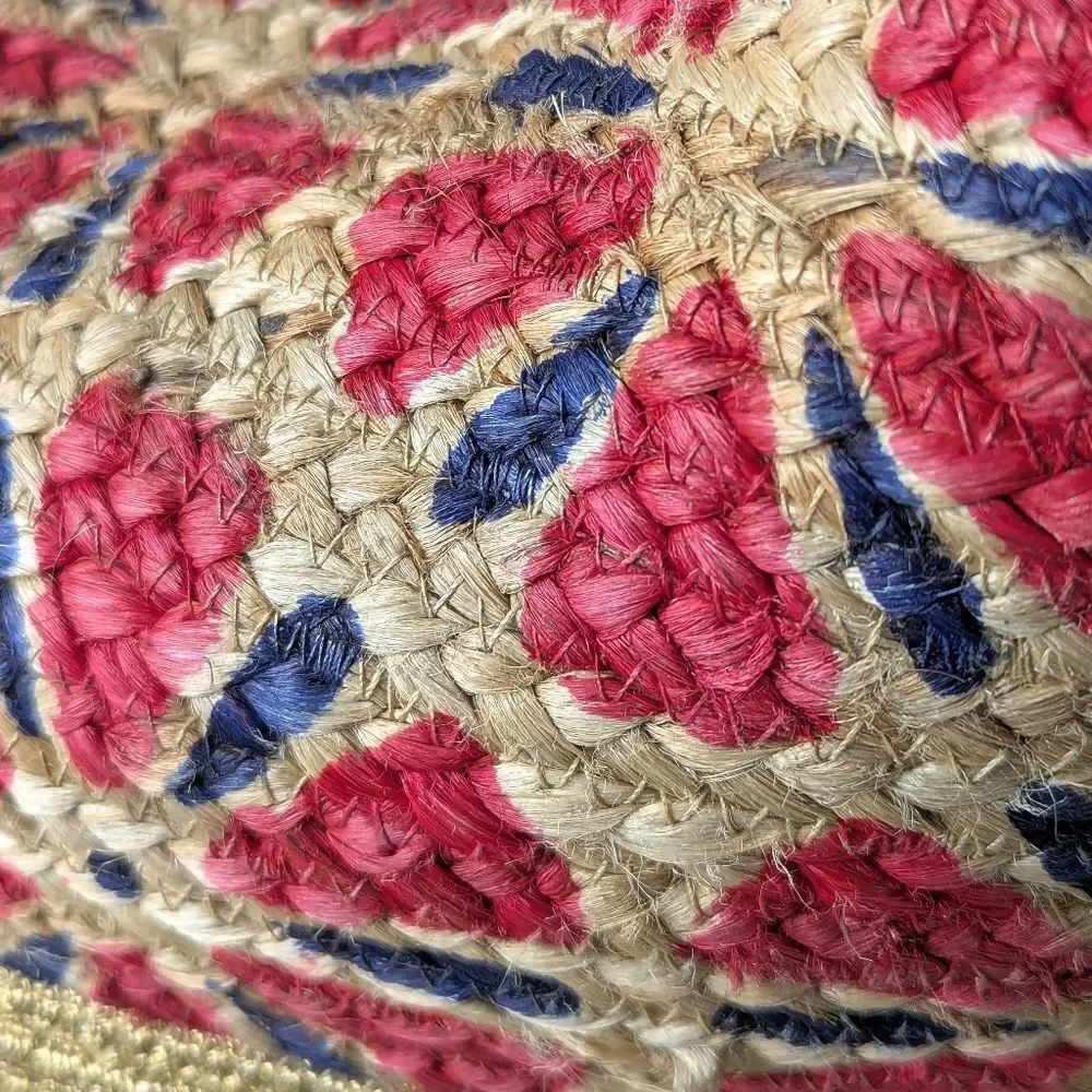 ANTIK KRAFT Jute Abstract Floral Gold Embellished Wood Handled Large Tote Bag